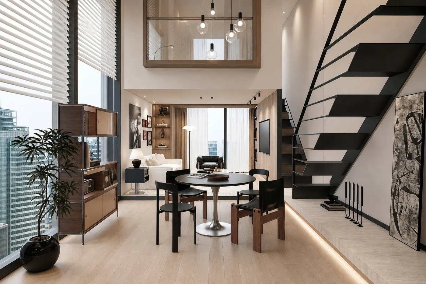 约 45 平 LOFT 的挑空餐厅与双向楼梯